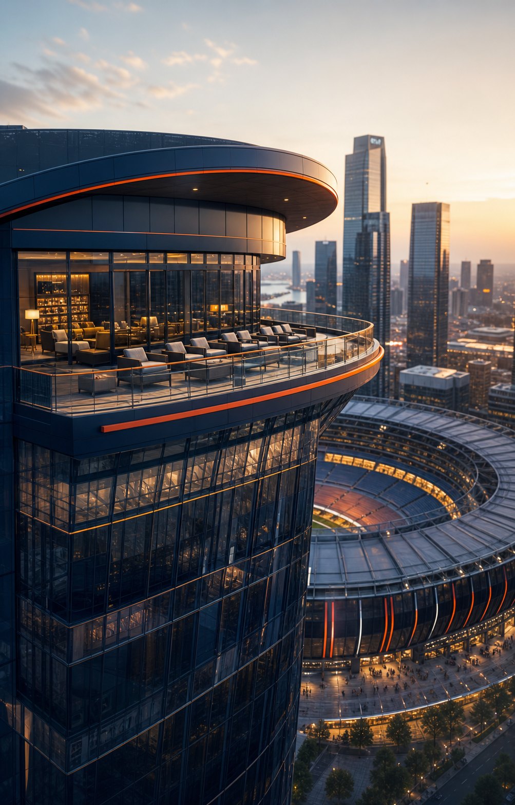 Premium owner's suite overlooking a stadium and financial district