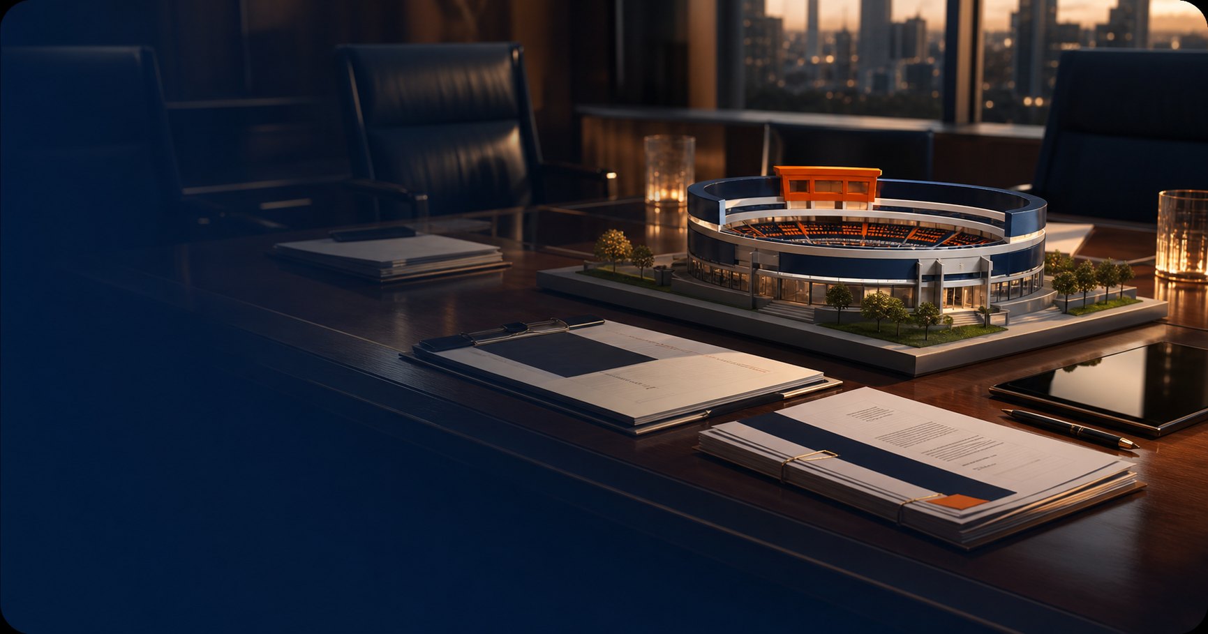 Boardroom table with a premium stadium-style investor hub model